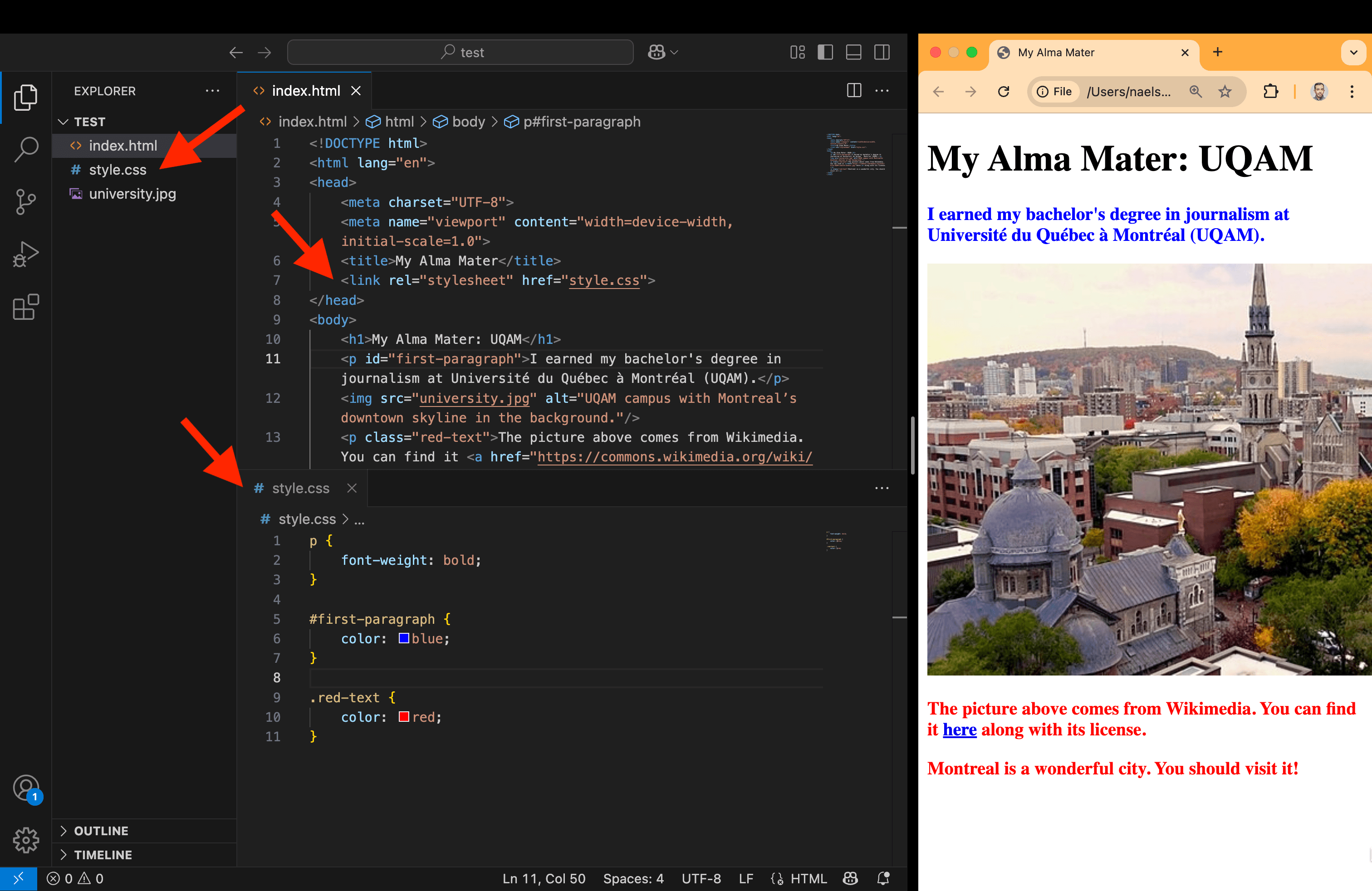 A screenshot showing a CSS file linked to a HTML file.