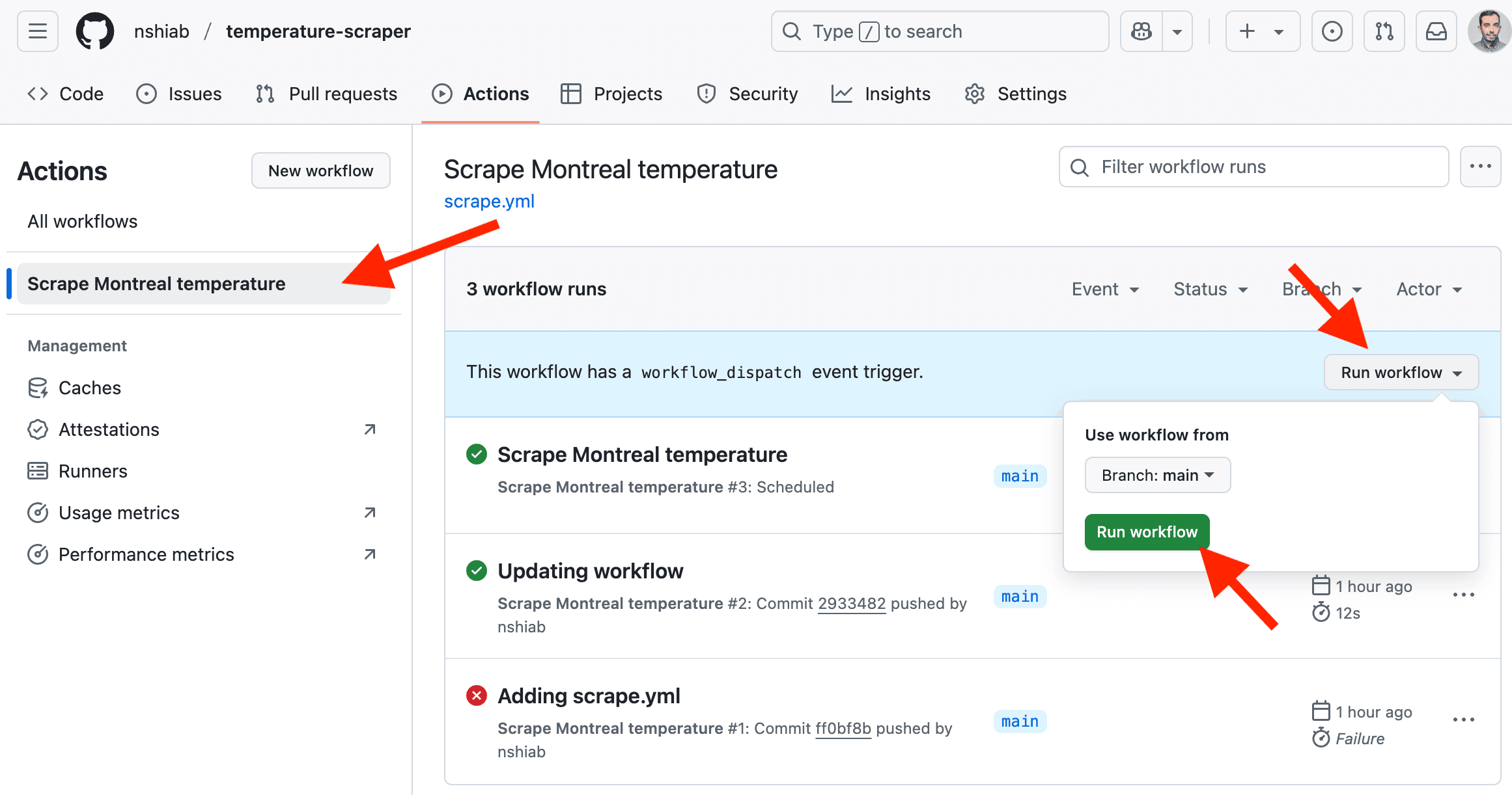 Manually triggering the workflow.