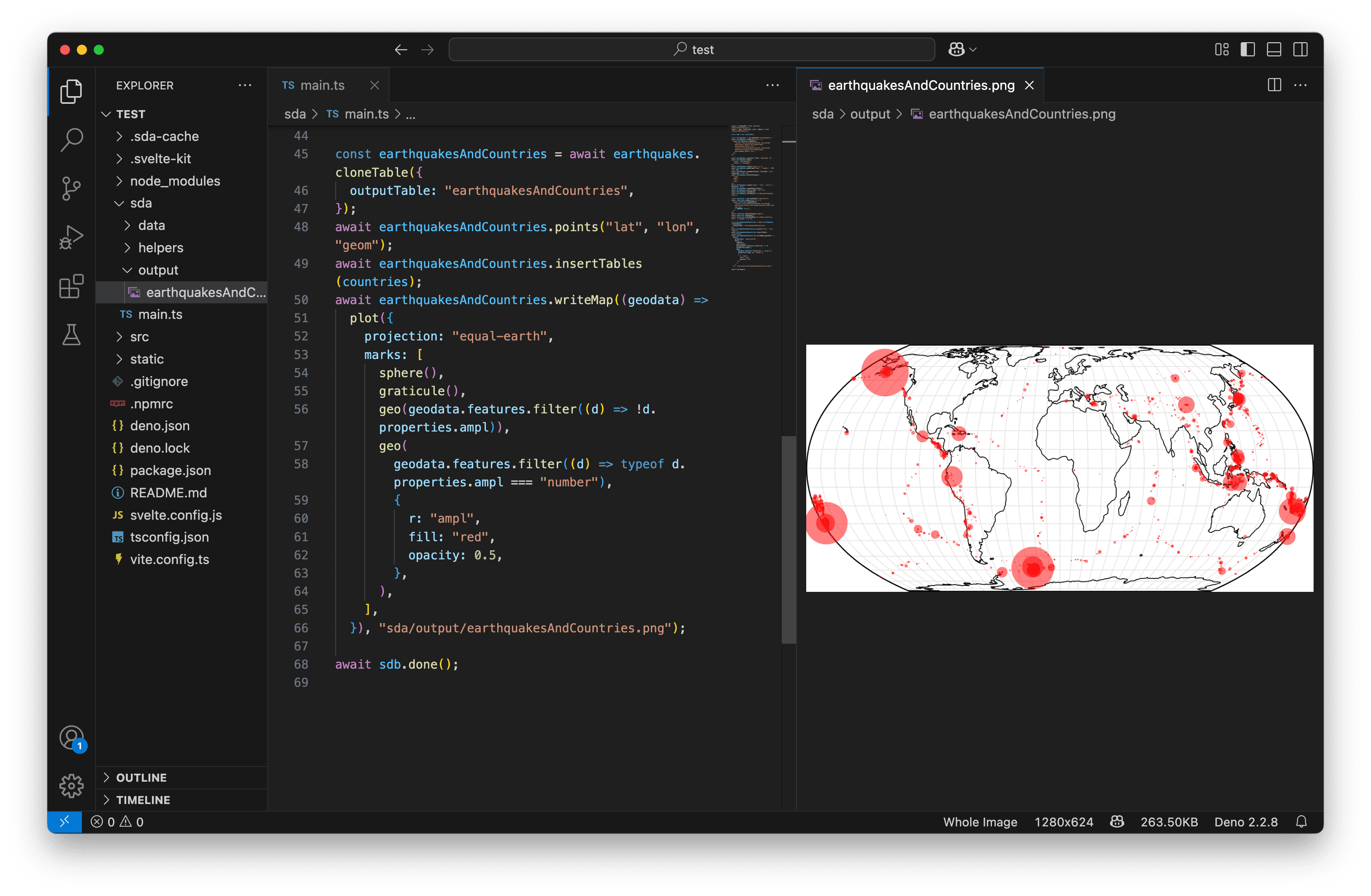 A screenshot of VS Code with a map displayed.