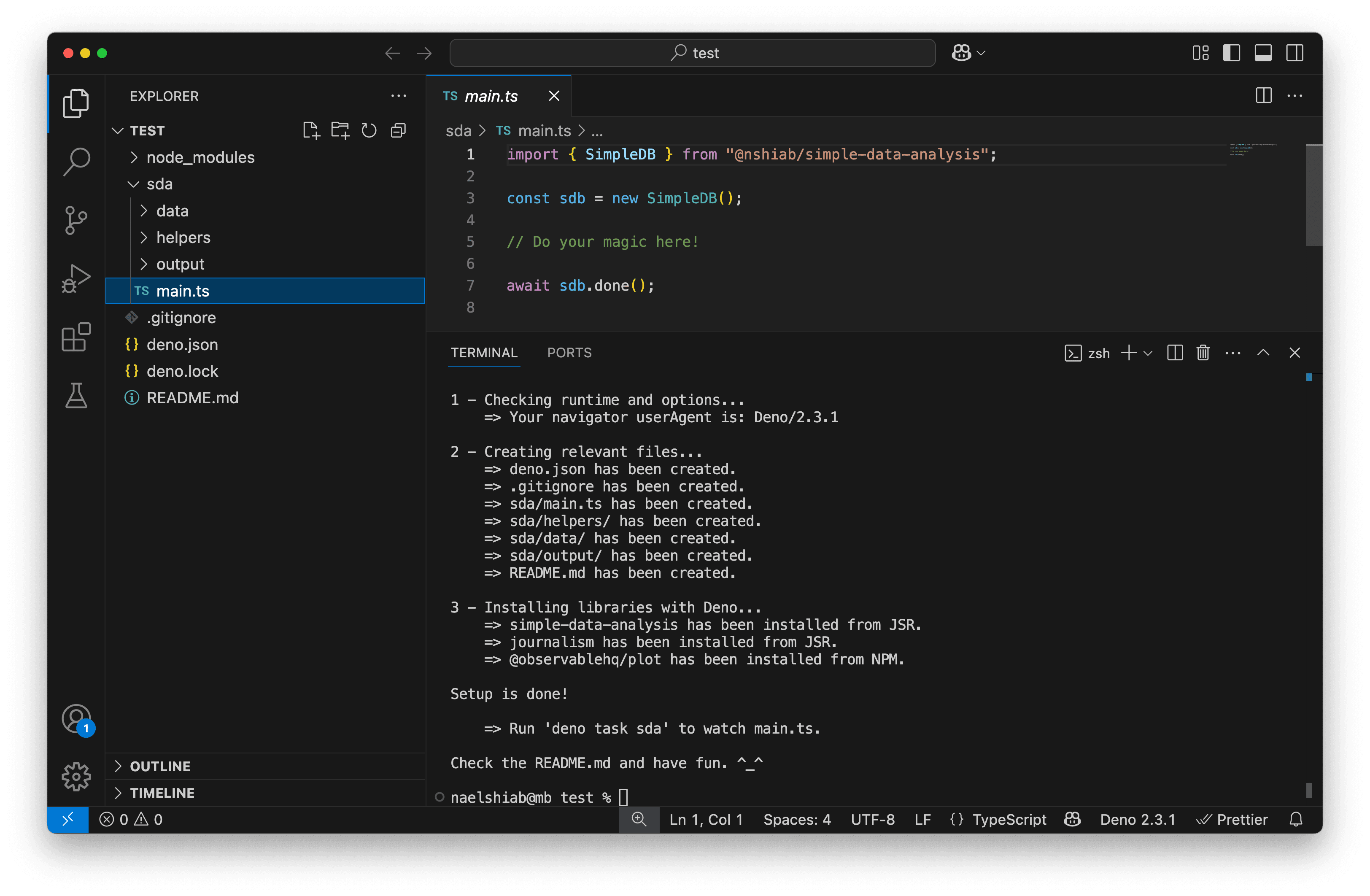 A screenshot of VS Code after running setup-sda.