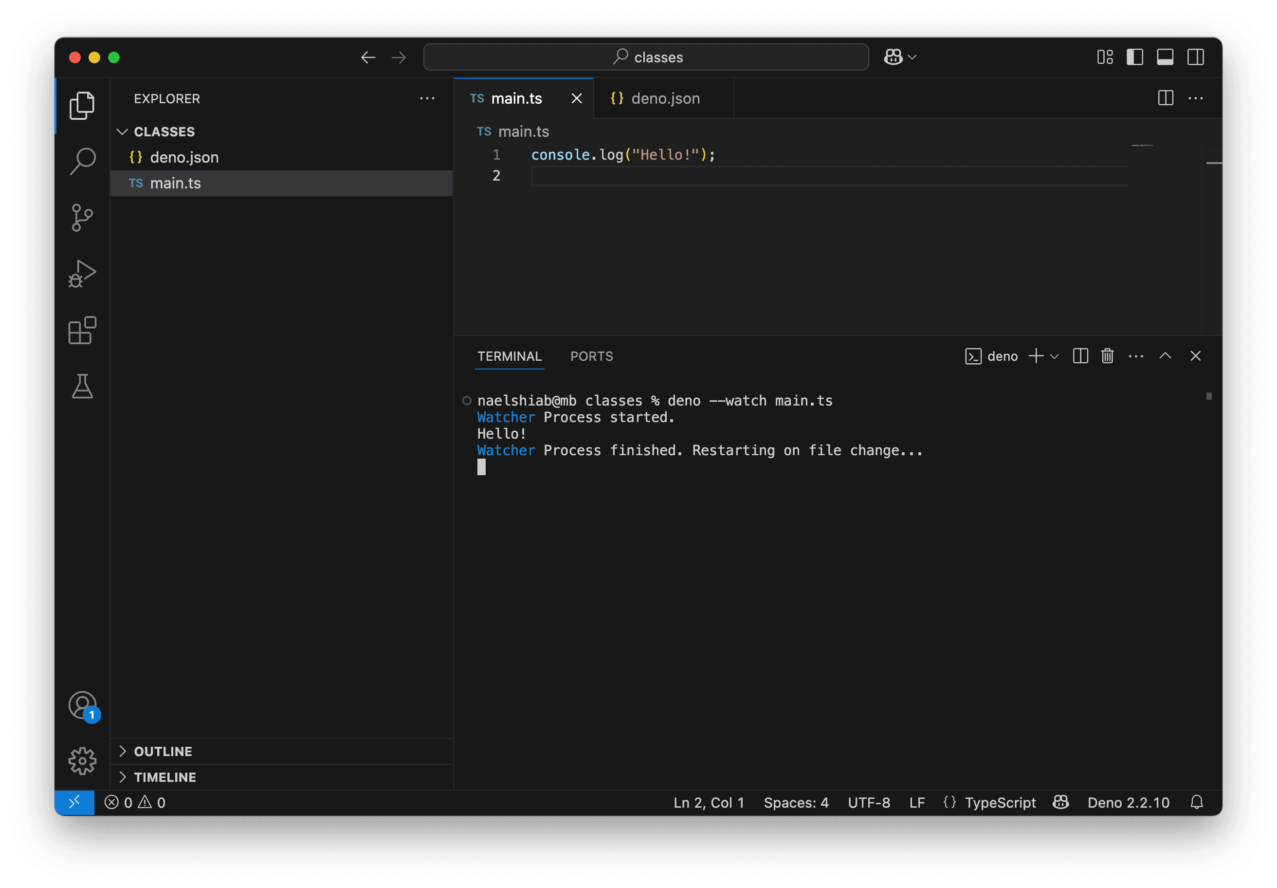 Une capture d’écran montrant VS Code en train d’exécuter et de surveiller un fichier TypeScript.