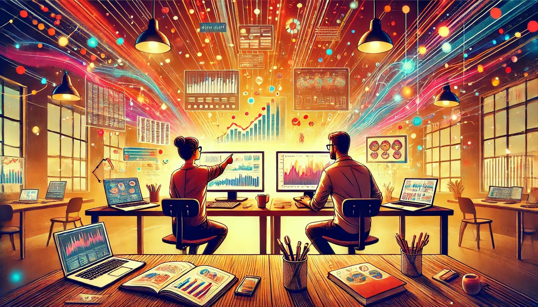 Illustration of two computational journalists working together.