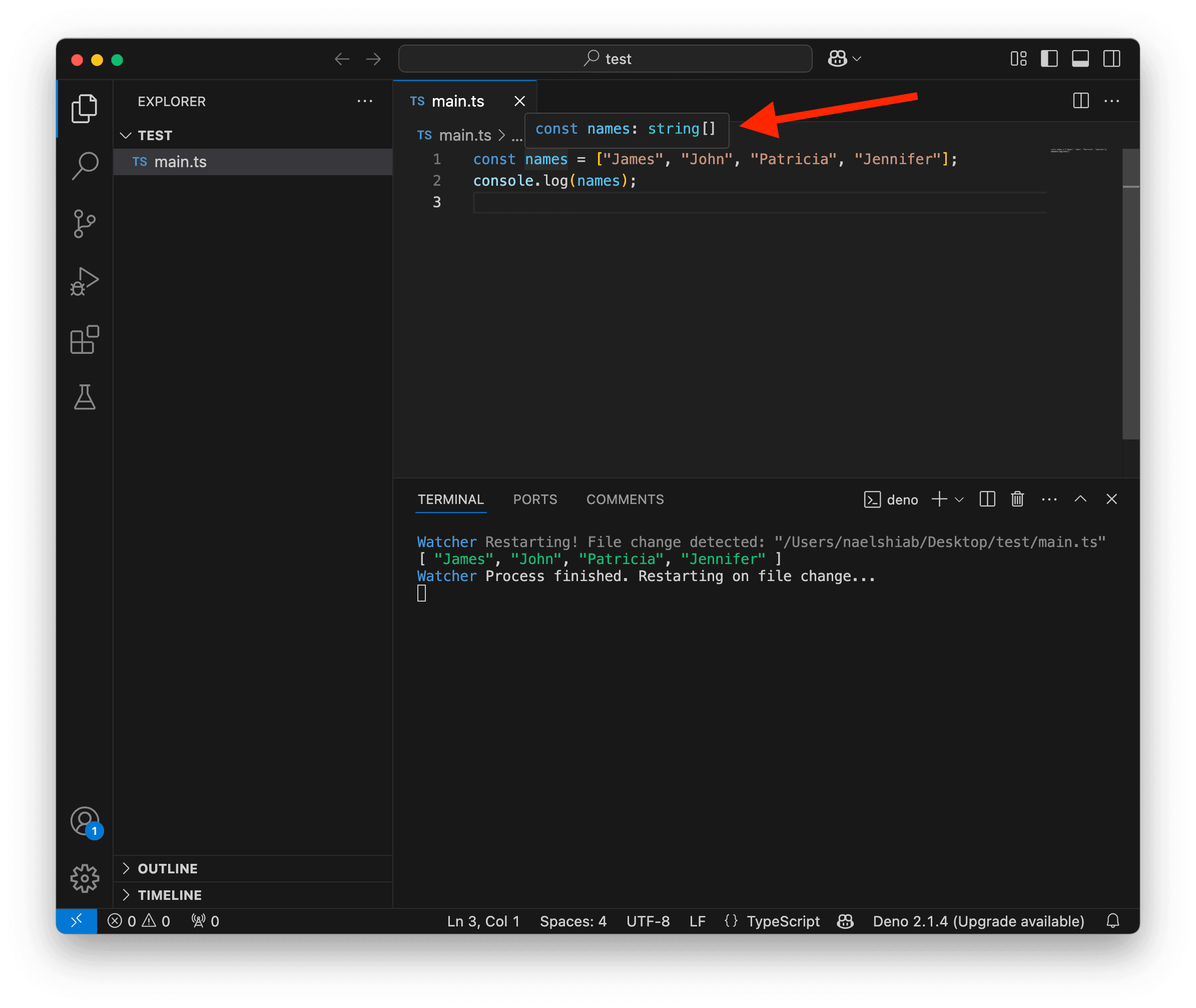 A screenshot showing VS Code with a string[] type on hovering.