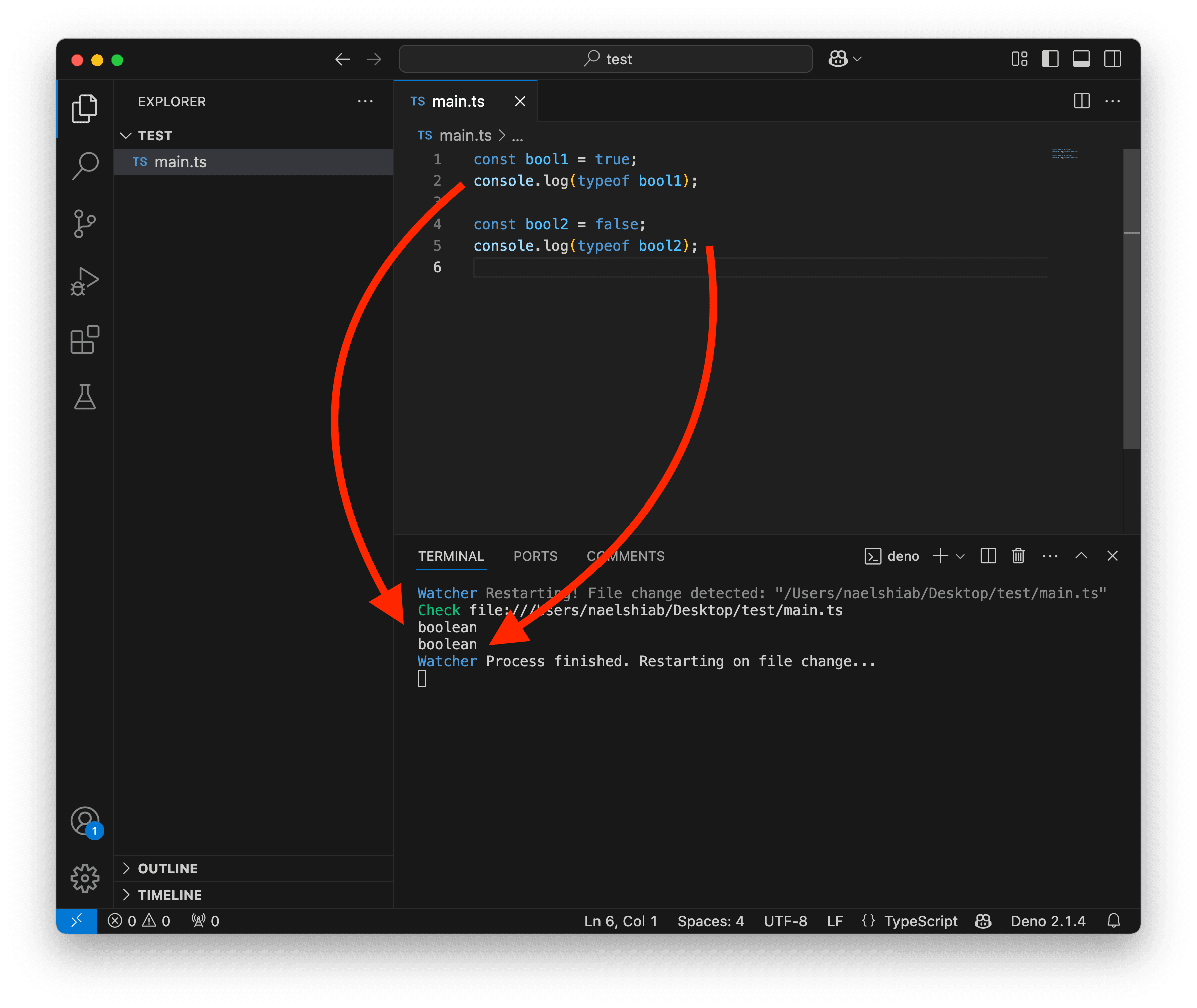 A screenshot showing VS Code logging a typeof boolean.