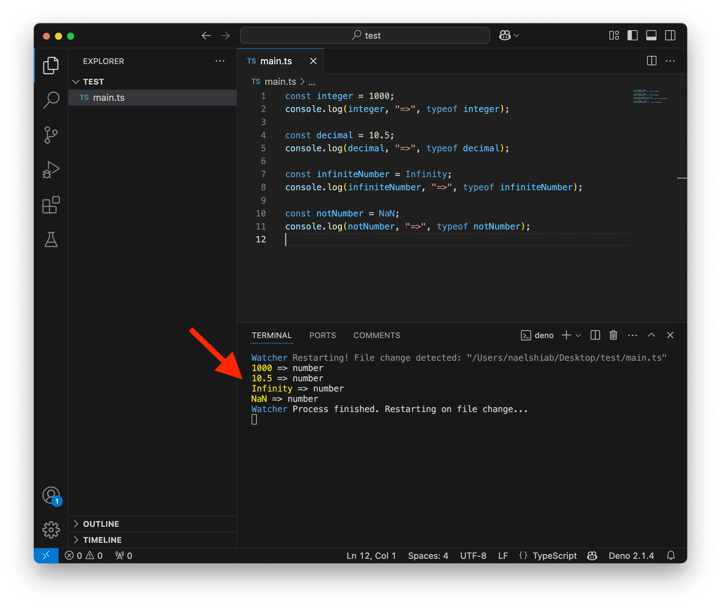 A screenshot showing VS Code logging a typeof number.