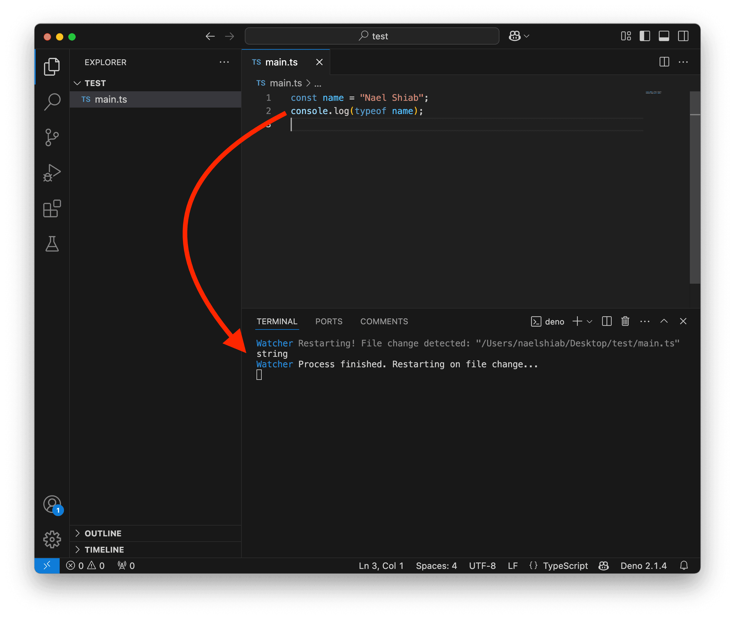 A screenshot showing VS Code logging a typeof string.